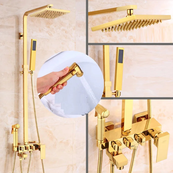 Luxury antique bath polished gold head shower set wall mounted bathroom brass shower sets mixer taps