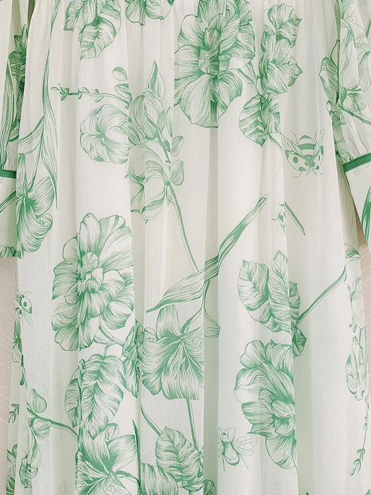 AELESEEN Elegant Long Shirt Dress Women Spring Design Fashion Turn-down Collar Green Flower Print Belt Single-breasted Female