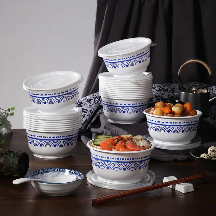 Disposable Blue and White Bowl Lunch Boxes Round Food Grade Kitchen Attachment Takeout Packed Bento Fast Food Soup Rice Bowl New