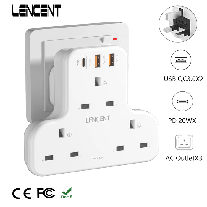 LENCENT Fast  Charger Wall Socket with 3AC Outlets  2 USB QC3.0  1 Type C PD20W 6-in-1 Outlet Plug Extender for Home/Office