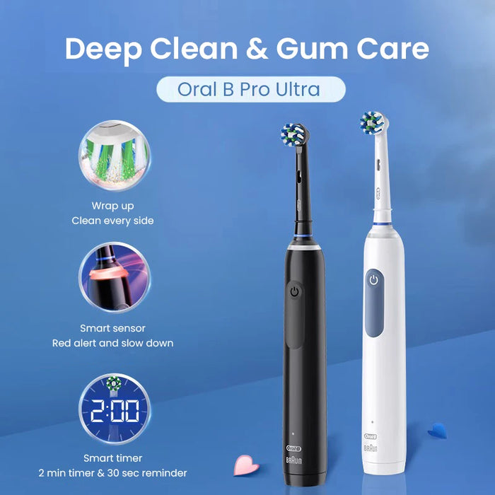 Oral B Pro Ultra Electric Toothbrush 30S Smart Timer Pressure Pro 4 Modes Gum Care Deep Clean Tooth Brushes with 3 Brush Heads