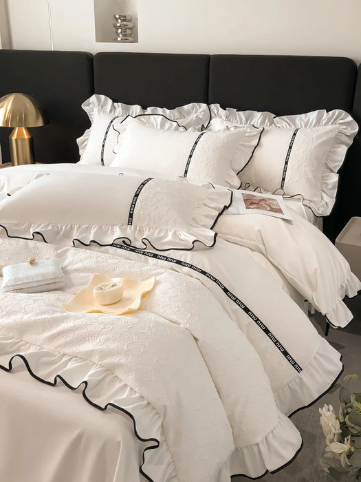 White Washed Cotton Edge Thickened Frosted Cream Princess Style Bed Sheet and Duvet Cover