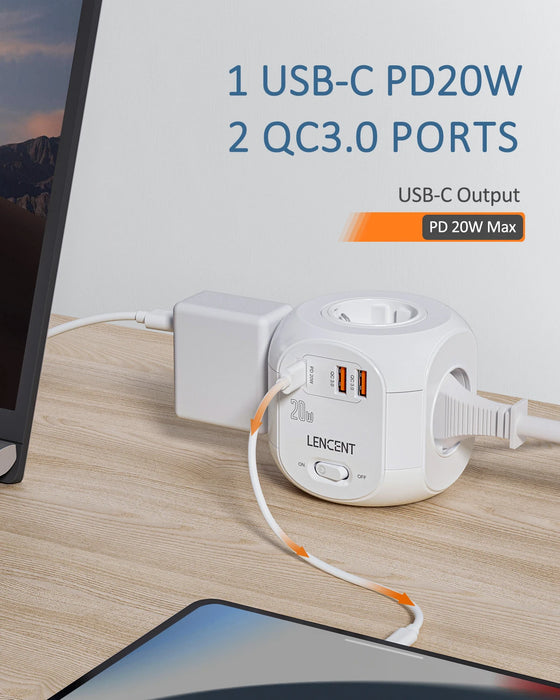 LENCENT Power Strip Cube with 4 AC Outlets +2 QC3.0 USB Ports +1 PD20W Type C 2M Braided Cable Multi Socket with Switch for Home