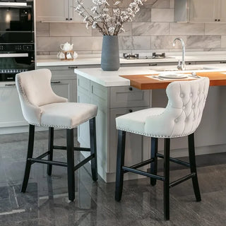 Bar Stools Set of 4 Counter Height, Velvet Upholstered Barstools with Solid Wood Legs, Button Tufted and Nailheads Trim
