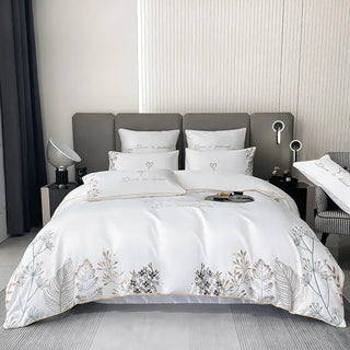 Chic Art Embroidered Egyptian Cotton Bedding Set Luxury White Quilted Duvet Cover Bed Sheet Pillowcases Solid Color Home Textile