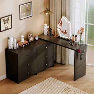 Black Modern Corner Makeup Vanity Table,with LED Mirror and 6 Spacious Drawers,with Cabinet Retractable Dressing Table Laptop