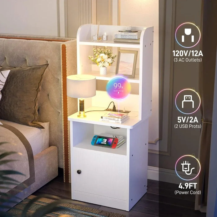 Tall Nightstand with Charging Station and USB Ports - 47" Tall Bedside Table with Adjustable Bookshelf, White, End Table