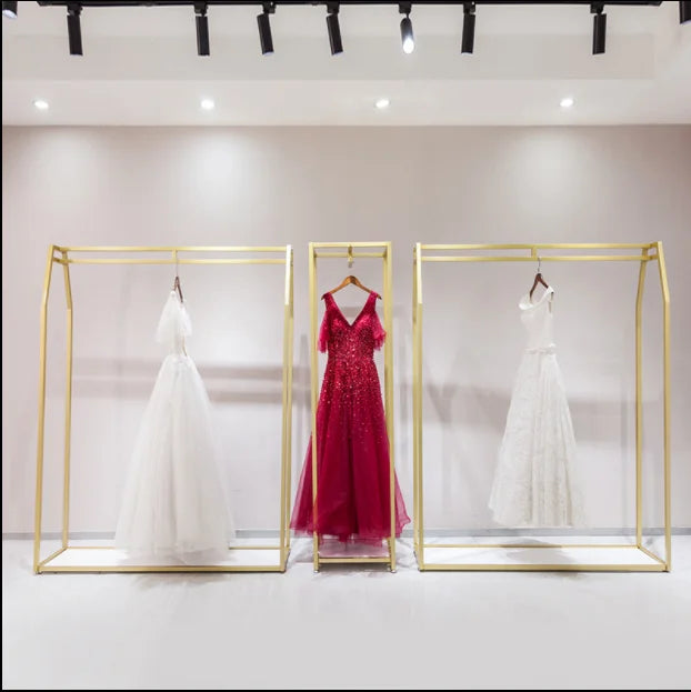 Wedding dress shop dedicated wedding display stand golden photo studio floor hanging wedding dress rack hanger