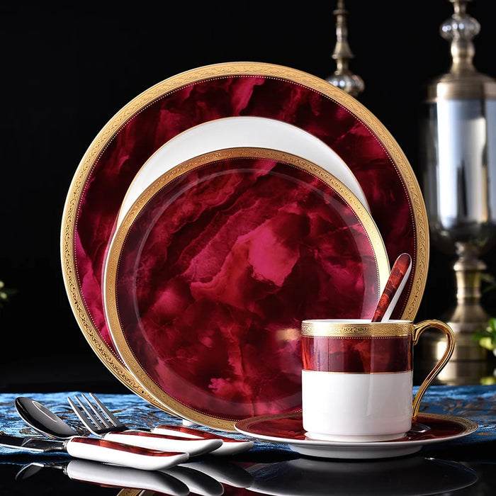 Fine Bone China Plates Dinnerware Gold Dinner Dishes Camping Red Tableware Set Ceramic Tableware Set