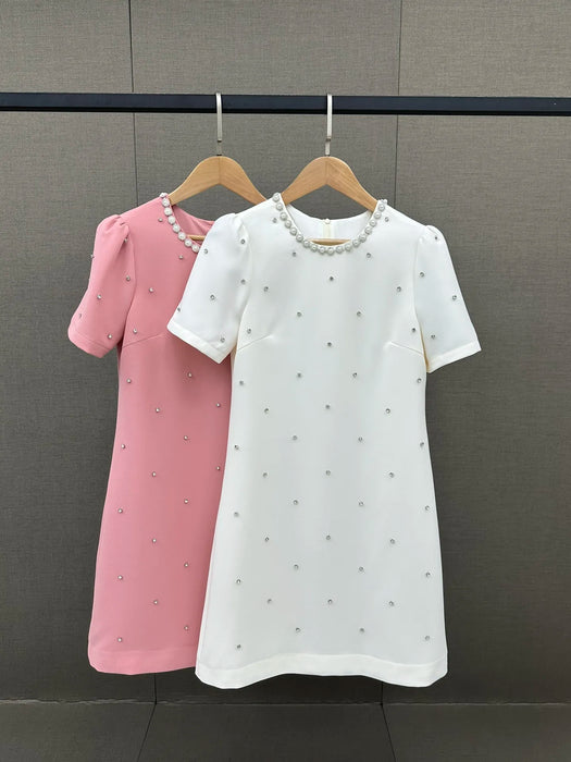 2024 Summer New High Quality Women's Wear Elegant round neck studded pearl dress 0610