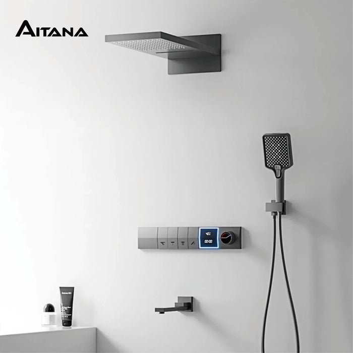Luxury gun gray brass shower system intelligent LED digital display design, wall mounted dual control cold & hot 4-function Tap