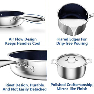 Nuwave Pro-Smart 9pc Stainless Steel Cookware Set, Healthy Duralon Blue Non-Stick Ceramic Coating, Heavy-Duty Tri-Ply