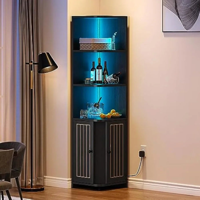 Corner Cabinet with LED Lights, 71.1“ Corner Bookshelf and Bookcase with Storage, Modern Display Corner Shelf