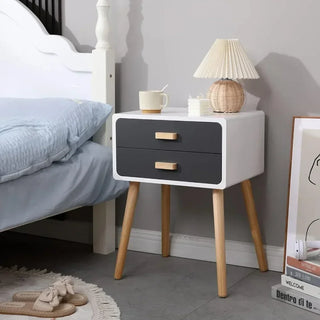 Set of 2 Nightstand End Table with 2 Storage Drawers and Solid Wooden Legs, Bedroom Living Room Furniture (Grey)