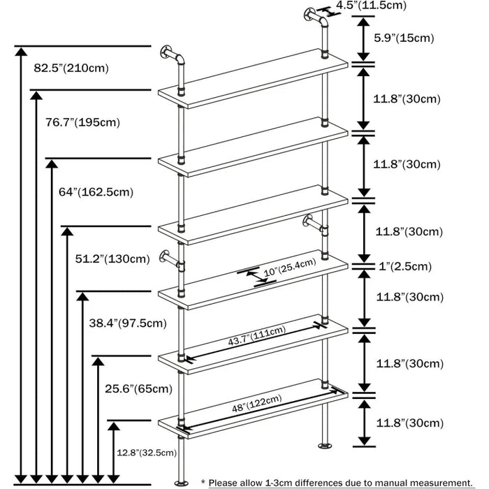 6 Tier Industrial Ladder Pipe Shelf, Wall Mounted Wood Metal Bookshelf for Living Room Storage (Weathered Brown）