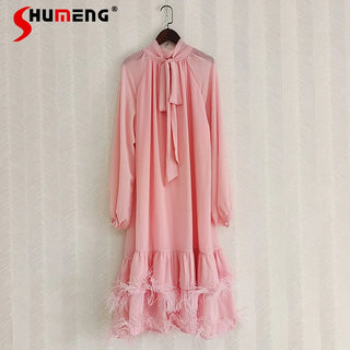 2023 Spring and Summer New French Seaside Holiday Long Sleeve Dress Feather Stitching Ribbon Loose Maxi Dress for Women