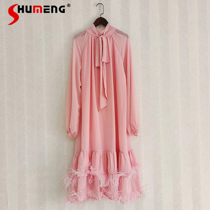 2023 Spring and Summer New French Seaside Holiday Long Sleeve Dress Feather Stitching Ribbon Loose Maxi Dress for Women