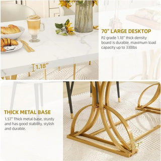 70.3 Inch Large Modern Dining Table for 6-8 People Rectangular Kitchen Table With Faux Marble Top and Gold Geometric Metal Legs