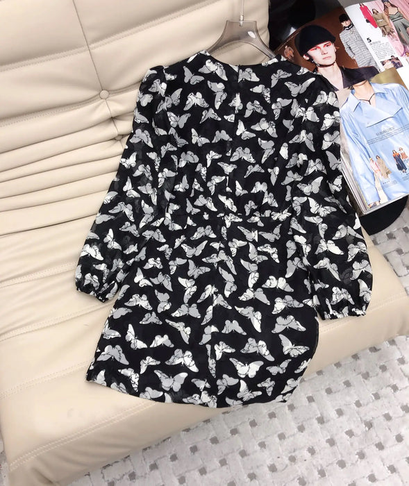 2024 Summer New Women's Wear Elegant intellectual 3-D butterfly cut waist black and white butterfly pattern dress 0430