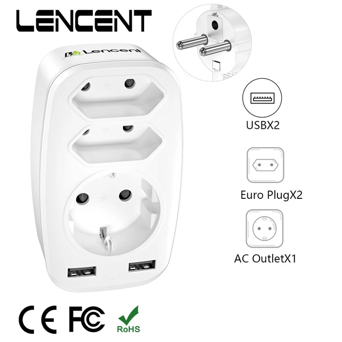 LENCENT EU Plug Multi Wall Socket with 3 USB Ports 2 Schuko Plugs 1 EU Plug 5V 2.4A  Adapter Overload Protection for Home/Office