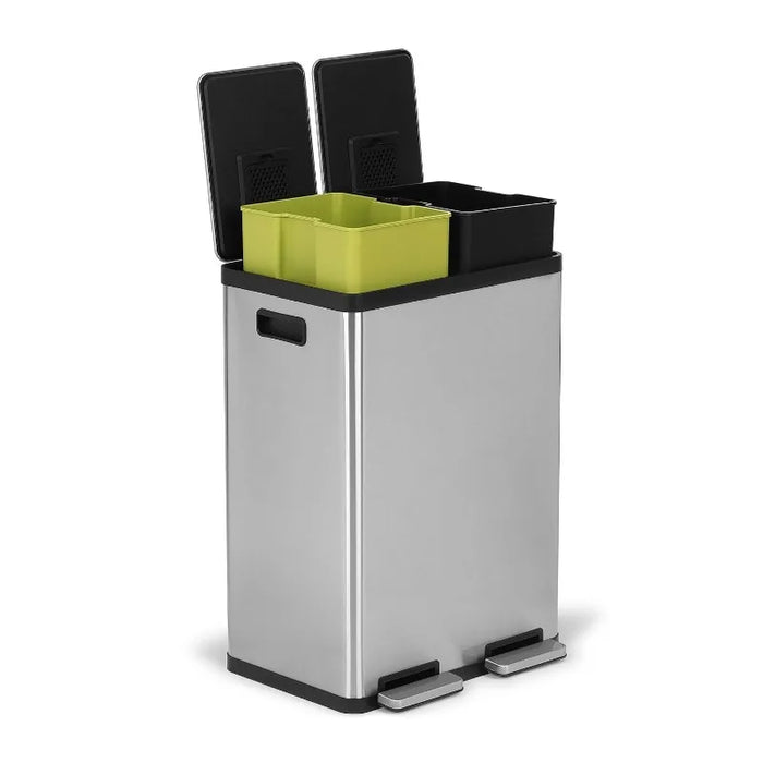 60 Liter / 16 Gallon Rectangular Hands-Free Dual Compartment Recycling Kitchen Step Trash Can with Soft-Close Lid, Brushed