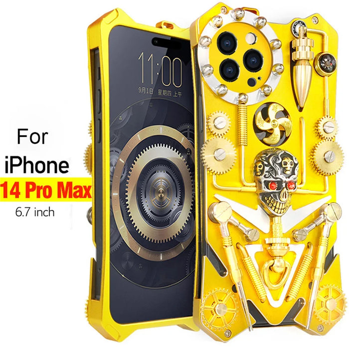 Luxury Hand Made Gear Metal Armor Case For iPhone 13 14 15 Pro Max Case Skull Gold Cover Funda For iPhone 13 14 Pro 15 Plus Case