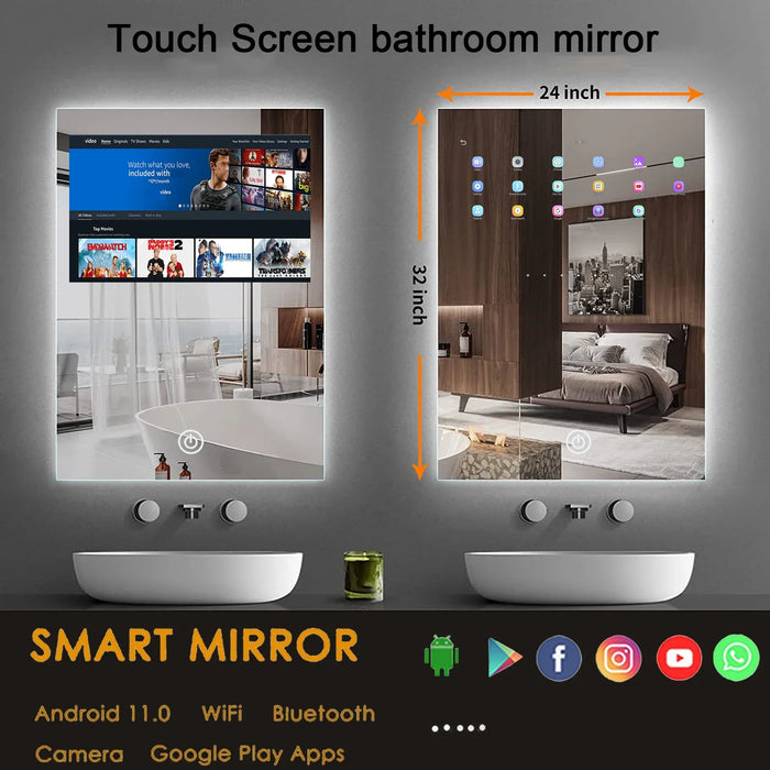 Hotel Wall Blue_tooth Makeup Led Bathroom Mirror With Light Touch Screen Android Wifi Magic Mirror Bath Smart Tv Mirror