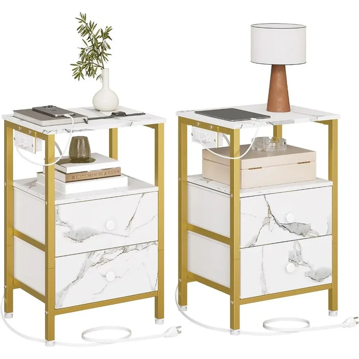 Nightstands Set of 2, End Table with Charging Station and USB Ports, Side Tables with 2 Drawers and Storage Shelves