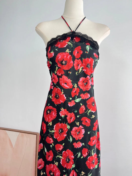 2024 Spring/Summer New Women's Wear Elegant Waist-Tight Halter Design Printed Rose Long Strap Dress 0420