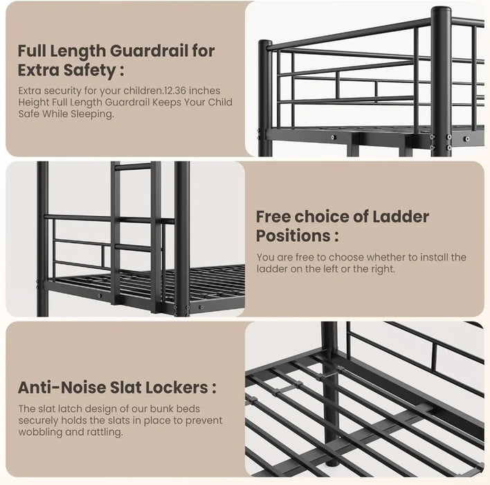 Twin Over Twin Bunk Bed with Trundle for Adult, Dormitory, Bedroom, Sturdy Steel Bedframe w/Guardrail & Ladder, Space Saving