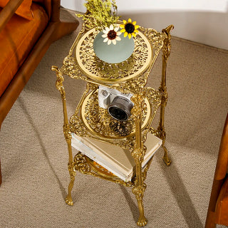 French Light Luxury Hollow Carved Flower Shelf Baroque Vintage Brass Floor Multi Layer Edge Flower Shelf