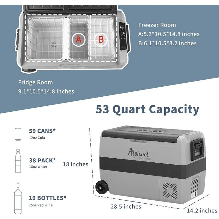 Temperature Control 12 Volt Refrigerator 53 Quart Portable Car Fridge Freezer (-4°F~68°F) for Truck, RV, Boat, Camping