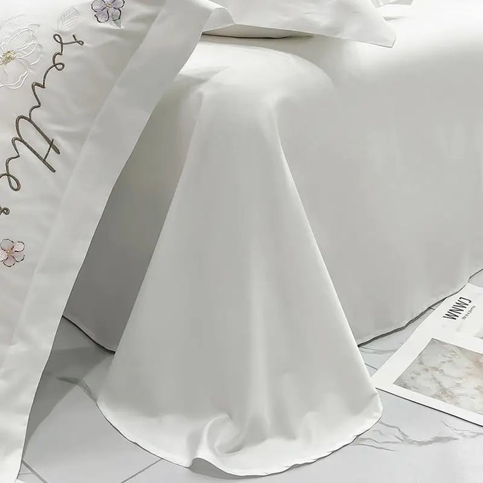 Luxury White Satin Cotton Bedding Set King Queen Solid Color Bedclothes Flowers Embroidery Duvet Cover Bed Sheet Pillowcases