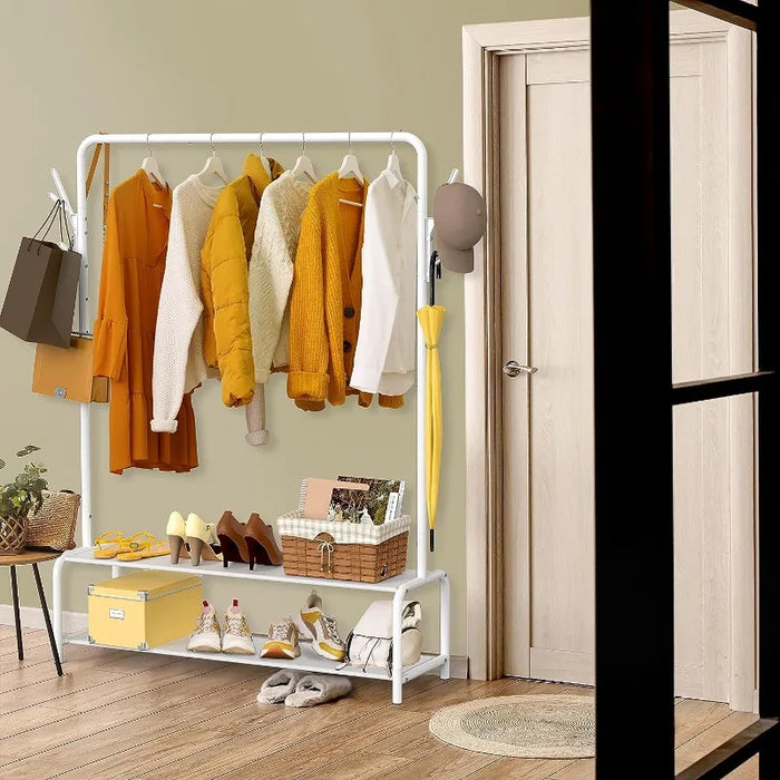 Garment Rack with Storage Shelves and Coat/Hat Hanging Hooks