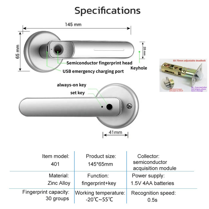 Keyless Door Lock Deadbolt Handle Safety Biometric Fingerprint Digital Lock Office Room Door