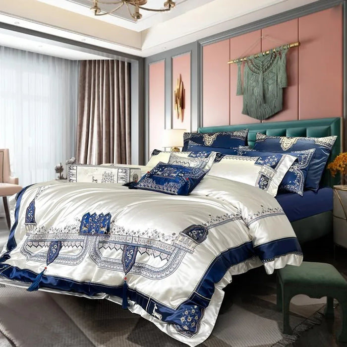 Chic Decorator Upholstery Quality Tassels Bedding Blue Silver Patchwork Luxury Embroidery Duvet Cover Bedspread Sheet Pillowcase