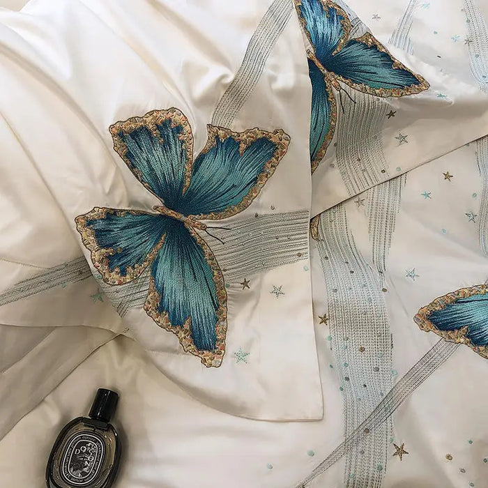 Blue Butterfly Embroidery Bedding Set Luxury White 1000TC Egyptian Cotton Super Soft Duvet Cover Bed Sheet Linen Pillowcases