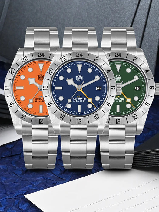 San Martin New 39mm BB GMT Colorful Dial Classic Luxury Mens Business Watch Automatic Mechanical Waterproof Luminous Date SN0054