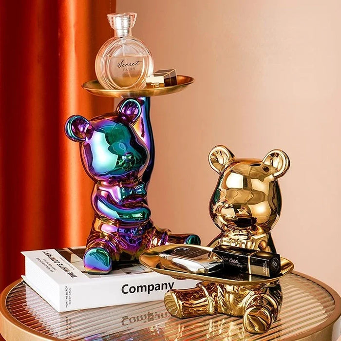 Electroplating bear cartoon sculpture, ceramic decorative ornaments with piggy bank, keys cosmetics, snacks desktop storage tray