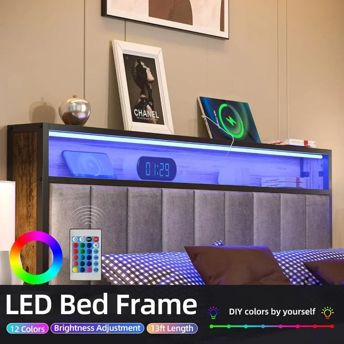 Bed Frame, Headboard with Storage and LED Lights, with 3 Charging Stations, No Box Spring, Easy To Assemble, Bed Frame