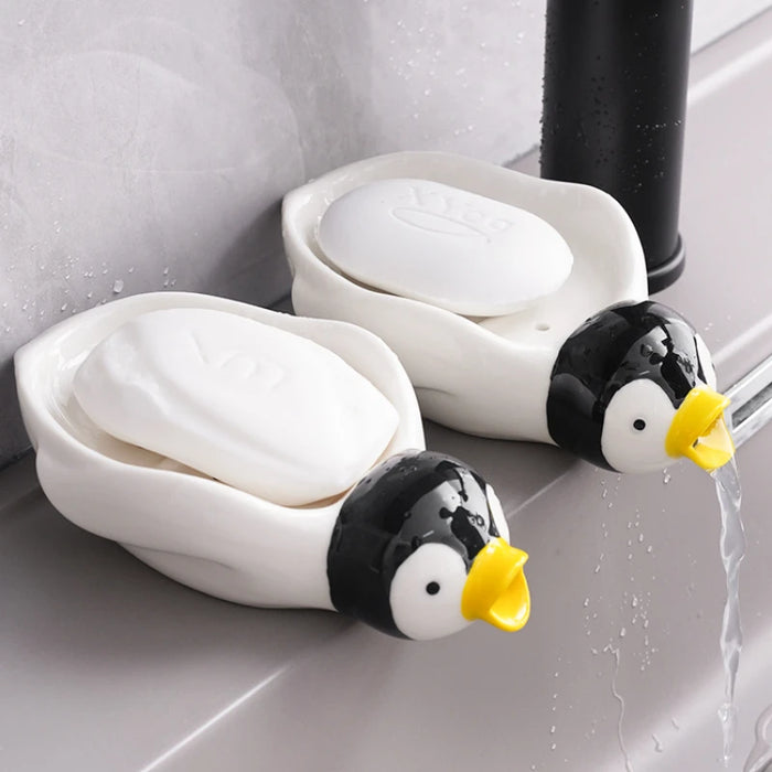 Soap Box Shelf Ceramic Bathroom Cute Penguin Toiletries Simplicity Household High-grade Perforation-free Drain Drainage Soap Box