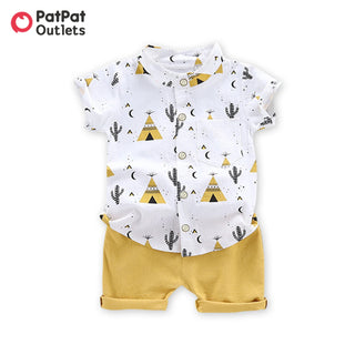 PatPat 2pcs Toddler Baby Boy Clothes 1-6 Years Old Casual Pyramid Cactus Print Shirt and Summer Shorts Set