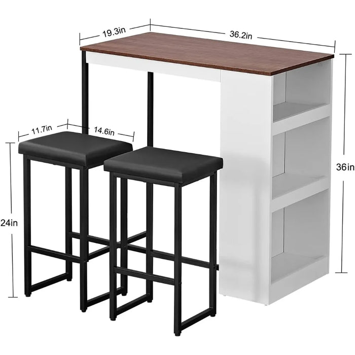 3 Piece Dining Table Set Kitchen Bar Table with Two Stool Storage Racks, Wooden Counter Height Tabletop