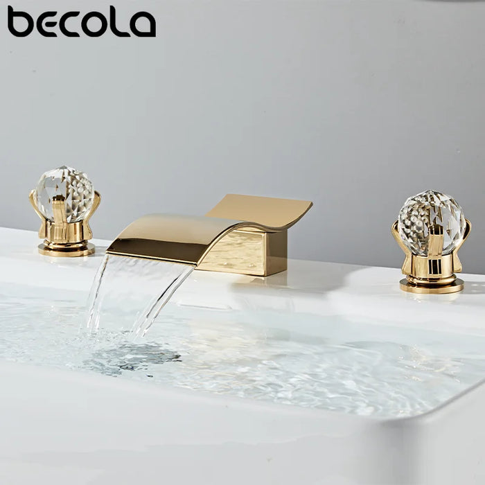 Three Holes Solid Brass Bathroom Sink Wash Basin 2 Handles Waterfall Faucet Golden Plated Bathtub Mixer Tap Faucet Deck Mounted