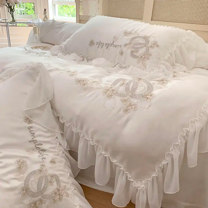 White Lace Embroidery Princess Bedding Set Korean Style 100% Cotton Romantic Wedding Quilt/Duvet Cover Bed Sheet Pillowcases