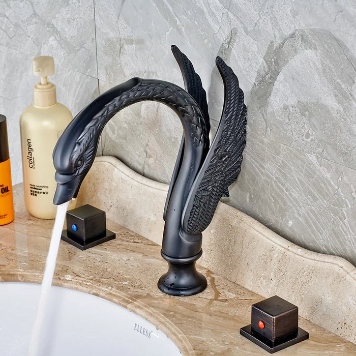 Vidric Swan Shape Widespread Two Wing Basin Faucet Oil Rubbed Bronze Hot Cold Water Mixer Tap For Bathroom Sink