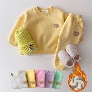 Korean Kids Bear Embroidery Fleece Pullover Set 1-5yrs Sweatshirt Tops+Harem Jogger Pants Suits 2pcs Girls Fleece Lined Clothes