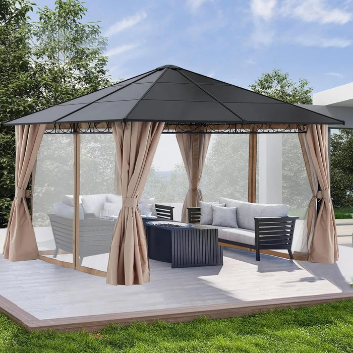 Beige Outdoor Awning 10x10 Outdoor Hardtop Gazebo Aluminum Frame Polycarbonate Top Canopy with Curtains and Netting Tent Decor