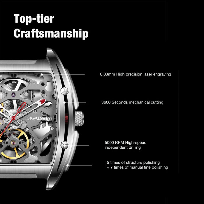 CIGA Design Men Automatic Watch Z Series Skeleton Mechanical Wristwatch Stainless Steel Case Sapphire Crystal Timepiece 2 Straps