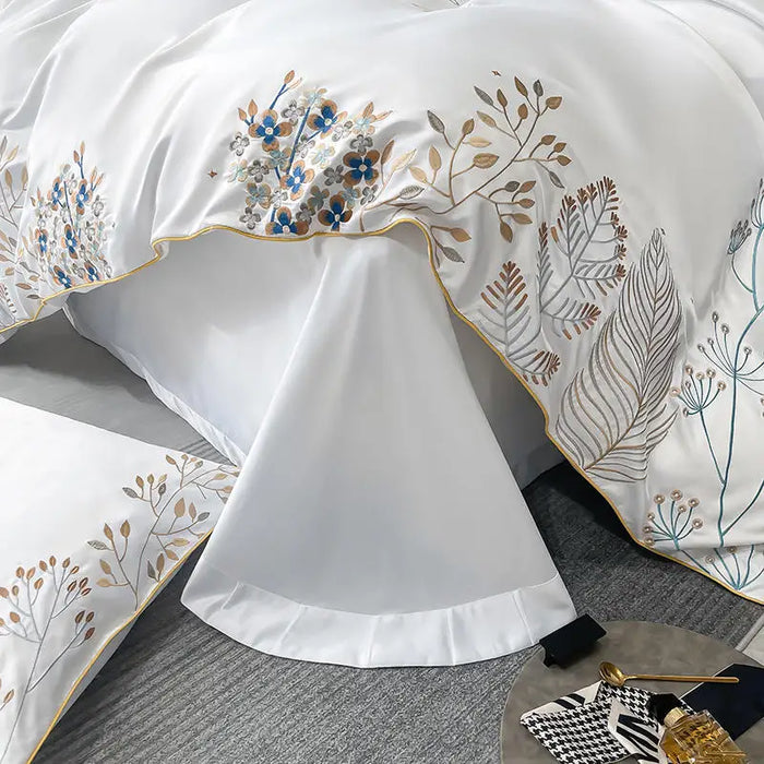 Chic Art Embroidered Egyptian Cotton Bedding Set Luxury White Quilted Duvet Cover Bed Sheet Pillowcases Solid Color Home Textile